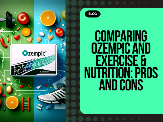 Ozempic depicted alongside exercise and nutrition symbols, illustrating the contrast between medical and traditional weight loss methods.