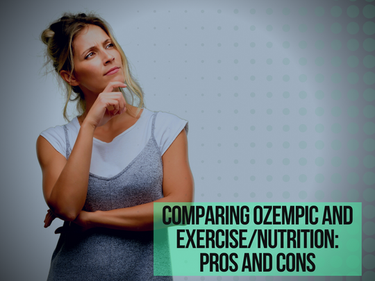 A thoughtful individual contemplating different weight loss options, surrounded by symbols of Ozempic, exercise, and nutrition.
